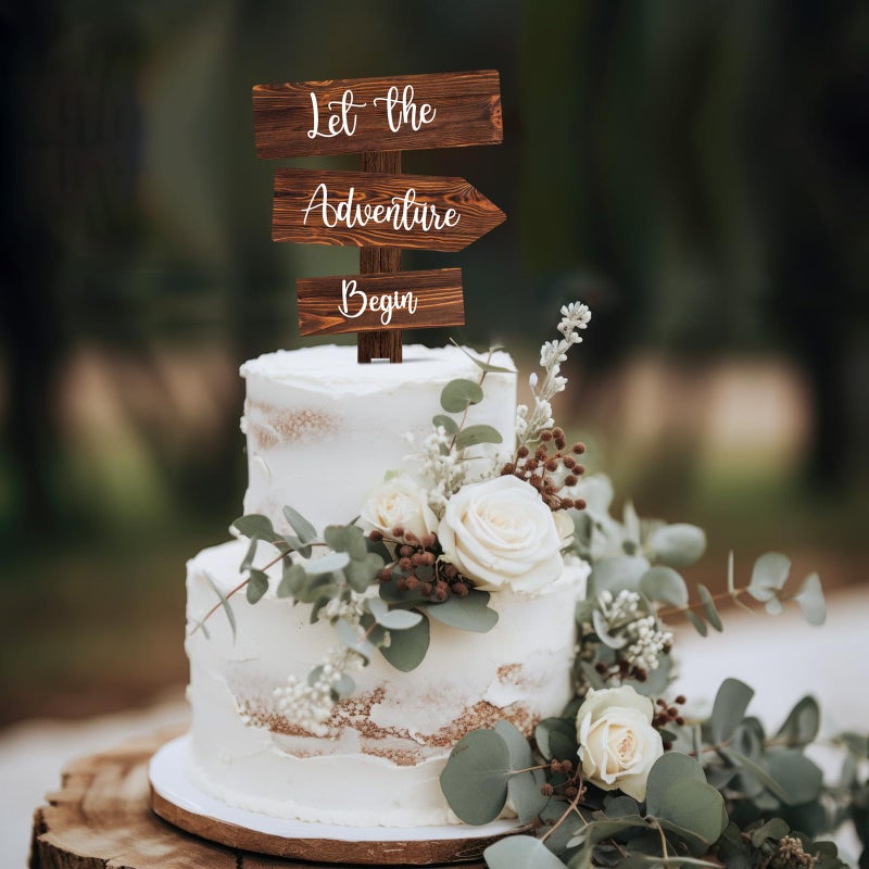Party to Be Let the Adventure Begin Cake Topper in Wood Rustic Cake Decoration for Wedding & Baby Shower - Image 1